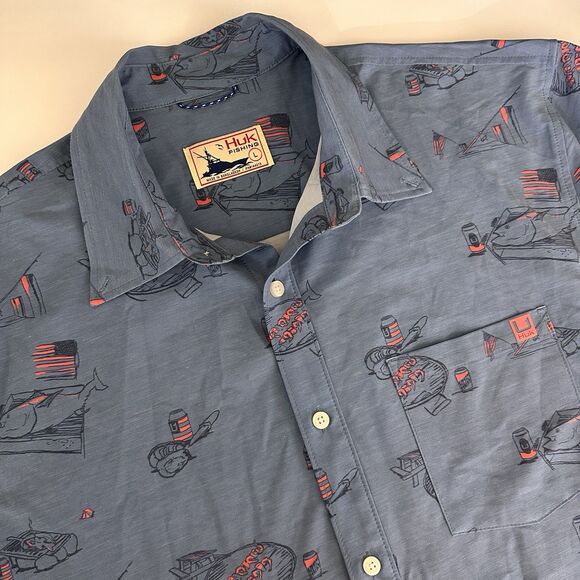 Huk Other - HUK Men's Fishing Shirt LARGE Short Sleeve Button Down Americookin Kona Blue